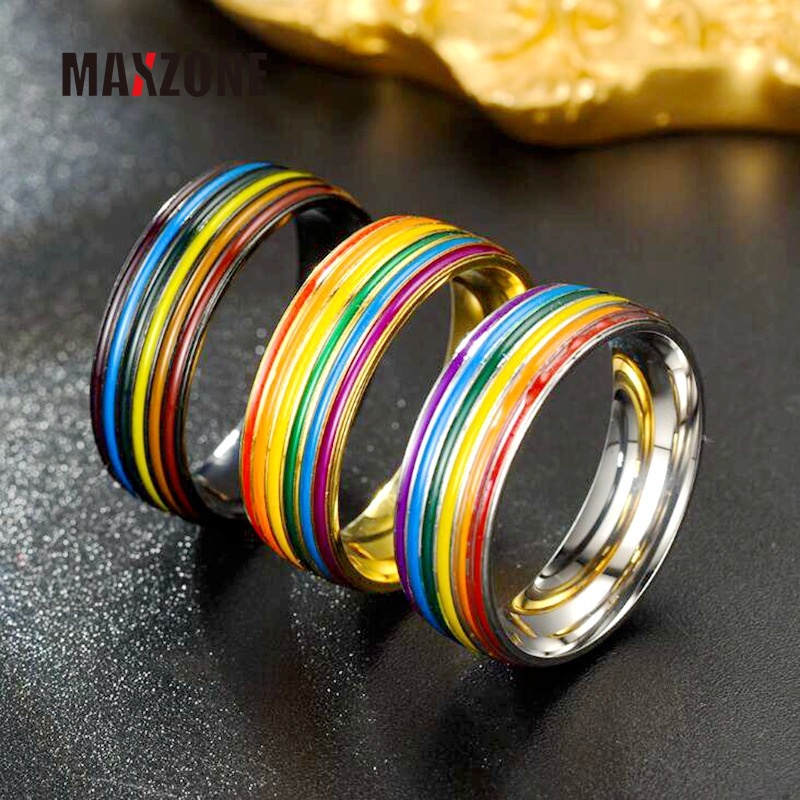 Maxzone Nhẫn Cầu Vồng LGBT Bằng Titan Cho Cặp Đôi/Cặp Đôi