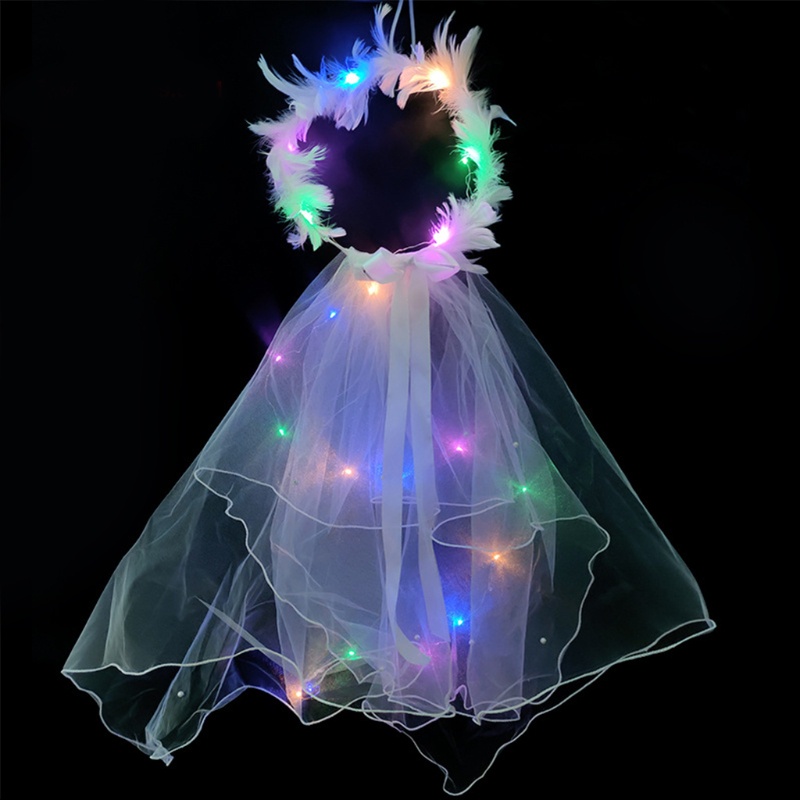 Mạng Che Mặt Phối Ren Và Lông Vũ Có Đèn LED Đẹp Mắt Cho Nữ