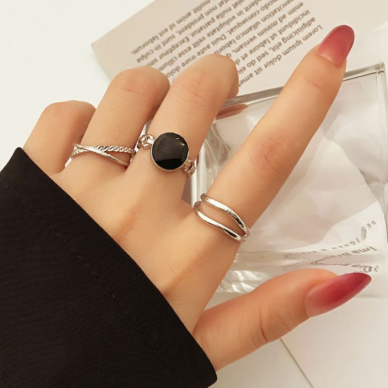 Set nhẫn unisex hai màu đính đá cá tính phong cách Hàn Quốc