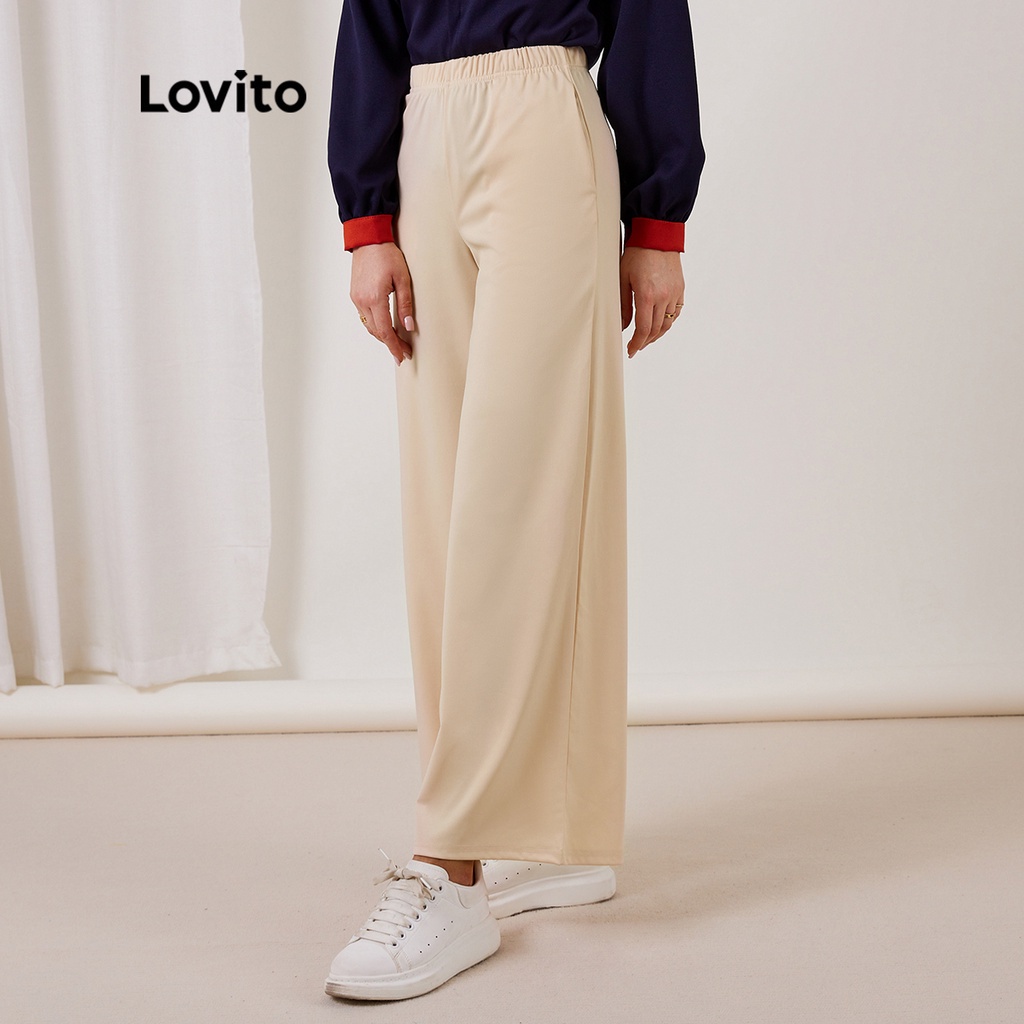 Quần dài Lovito ống rộng nhún thun phối túi màu trơn phong cách thanh lịch L17X417 (Màu trái mơ)