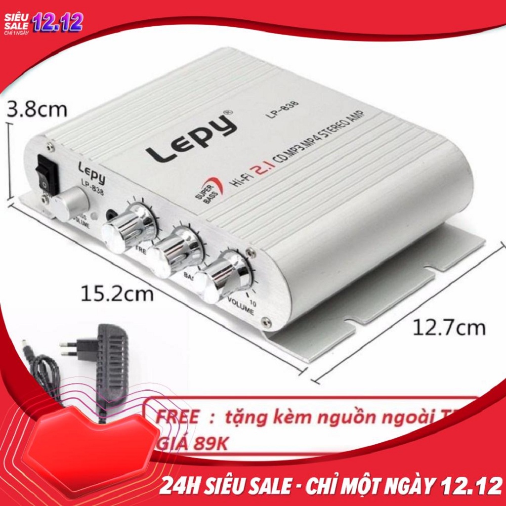 Ampli Mini Lepy Lp-838 Hi-Fi 2.1 bộ khuếch đại âm thanh nguồn 12V tương tích với nhiều loại loa