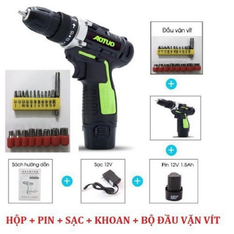 Máy khoan vặn vít không dây Aotuo – máy khoan chạy pin 12V thiết kế bền bỉ và chắc chắn, hiệu suất cao