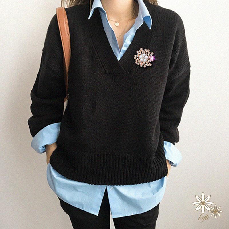 【kifli】Ghim gài áo hình hoa tuyết mạ vàng đính đá và ngọc trai nhân tạo phong cách Hàn Quốc