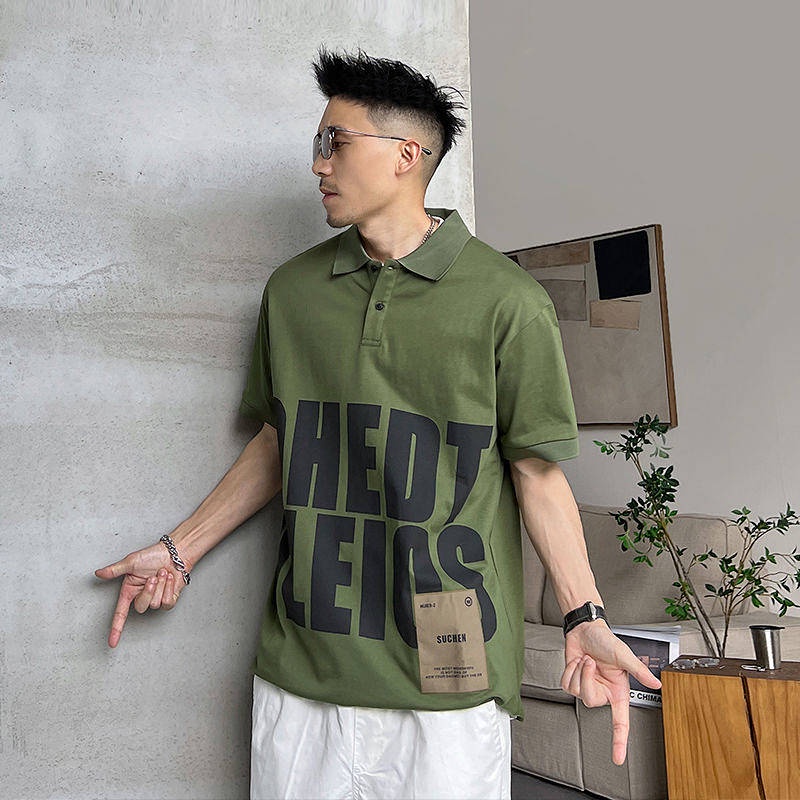 Summer Men's New Letter Printed Polo Shirt Short Sleeve Loose and Simple Advanced Lapel Half Sleeve Top American Fashion e01Z
