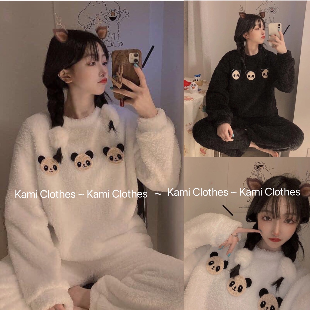Set bộ ngủ lông cừu cực ấm, bộ ngủ nữ thu đông hình gấu trúc kute kèm ảnh thật - KAMI Clothes