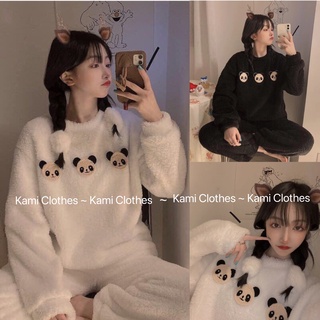 Set bộ ngủ lông cừu cực ấm, bộ ngủ nữ thu đông hình gấu trúc kute kèm ảnh thật - KAMI Clothes