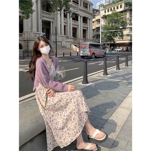 Set váy hoa phối áo len mỏng thu đông