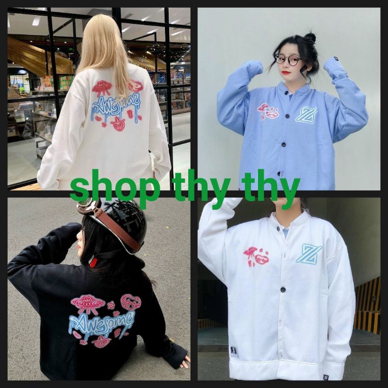 Áo khoác nỉ bông cardigan cài nút form rộng in hoạ tiết phong cách teen