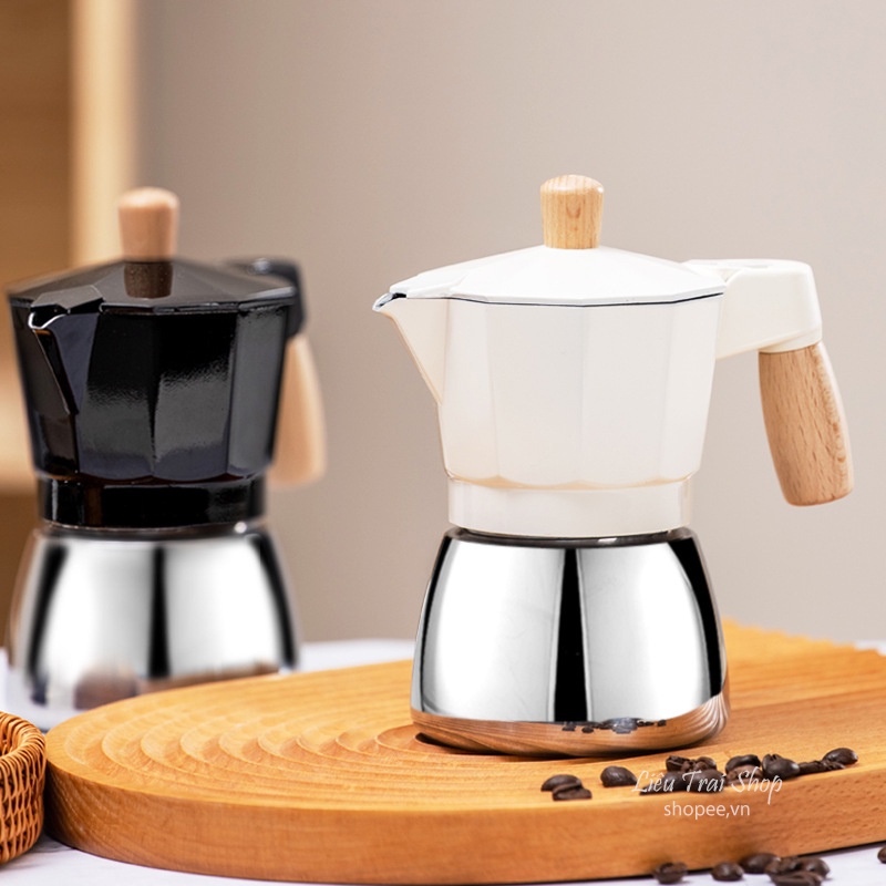 Ấm pha cà phê moka pot tay cầm gỗ phong cách Italy 3 cup 150ml