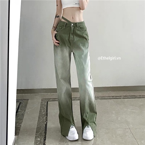 Quần jeans Dài Lưng Cao Ống Rộng Xẻ Tà Thời Trang Cho Nữ