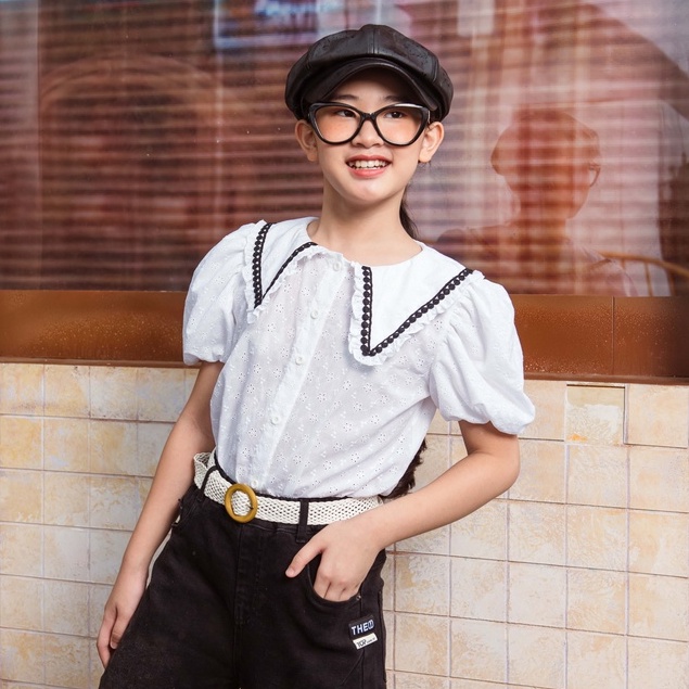 Áo sơ mi JOOKYLI bé gái cổ V phối viền 16G1021