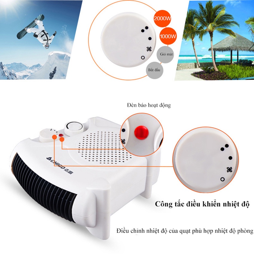 Quạt Sưởi Ấm Mini ChiGo Công Suất Max 2000W Với 3 Cấp Độ Điều Chỉnh Tự Tắt Khi Quá Nhiệt Dùng Cho Phòng Diện Tích 20m