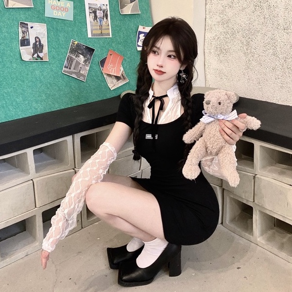 Đầm Ôm Dáng Tay Ngắn Co Giãn Phối Ren Thời Trang Mùa Hè Hàn Quốc Mới