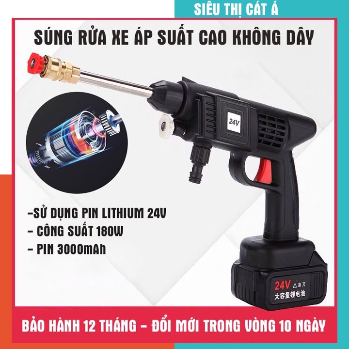 Máy rửa xe áp lực cao không dây dùng pin Lithium 24V, súng rửa xe mini gia đình tiện dụng