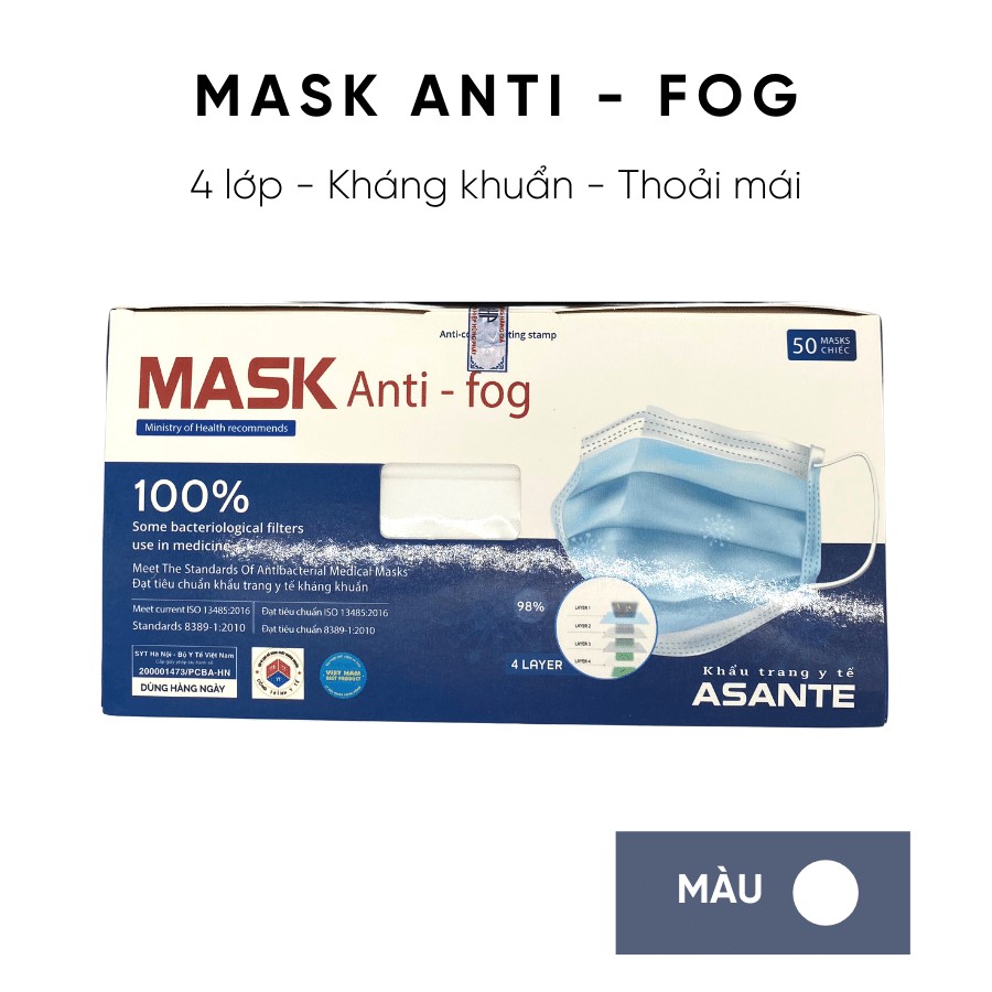 Khẩu trang y tế kháng khuẩn Anti-log 4 lớp có màng lọc khuẩn, bụi mịn, Hộp 50 chiếc 2 màu xám, trắng