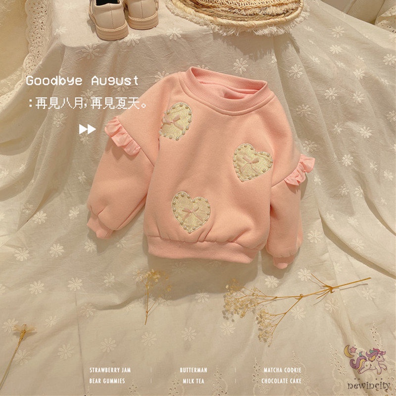 Áo sweater tay dài phối bèo đính ngọc trai giả thời trang Hàn Quốc đáng yêu cho bé gái