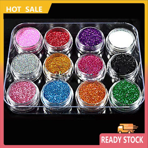 Set 12 Hộp Bột Kim Tuyến Nhiều Màu Sắc Dùng Để Trang Trí Móng Nghệ Thuật