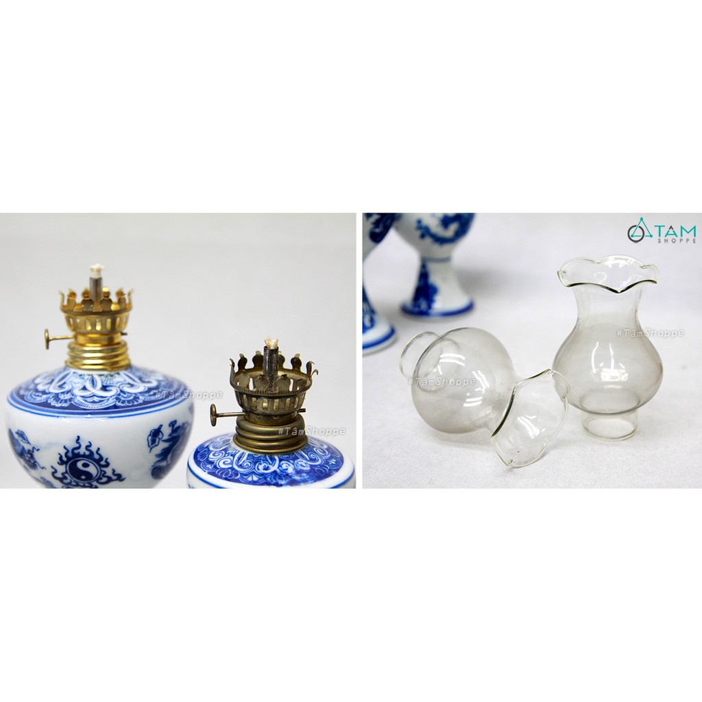 [HÀNG CAO CẤP] Đèn dầu cổ Việt Nam xưa gốm họa tiết Long Phụng xanh