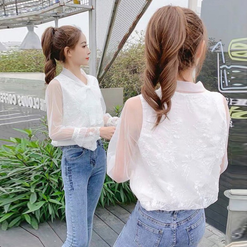 Áo Kiểu Tay Dài Phối Ren Hoa Thiết Kế Màu Trơn Thanh Lịch