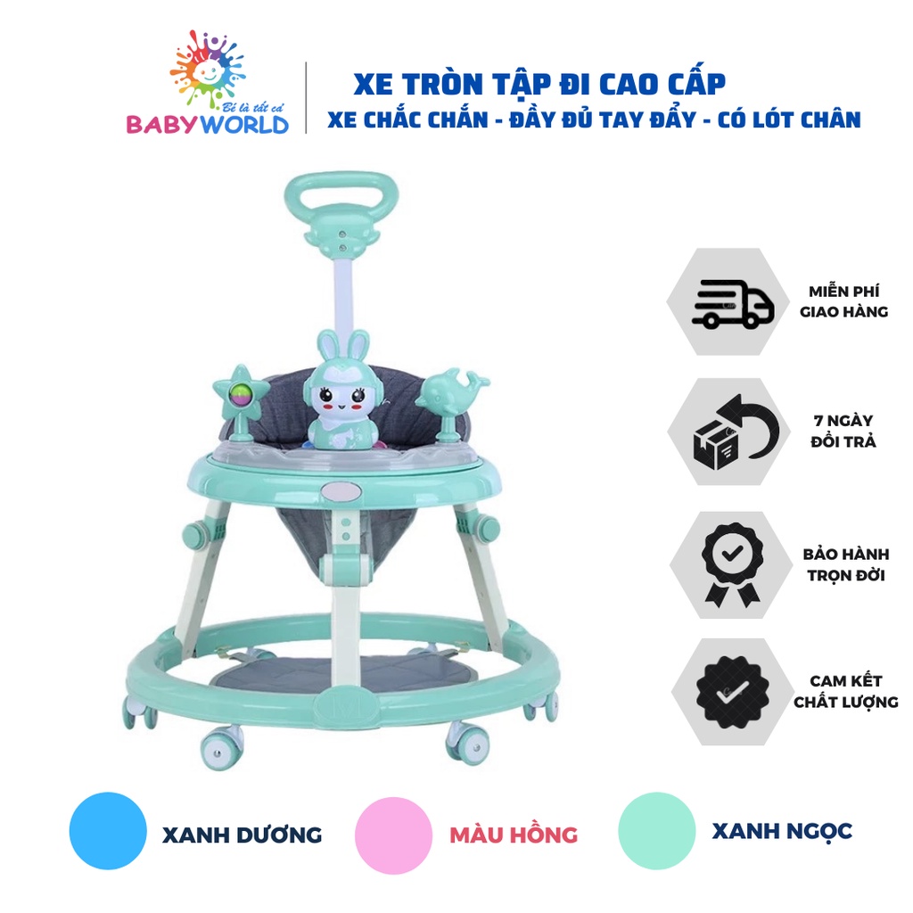 Xe tròn tập đi Baby Walker có đầy đủ tay đẩy lót chân có nhạc đèn bàn ăn dặm cho bé