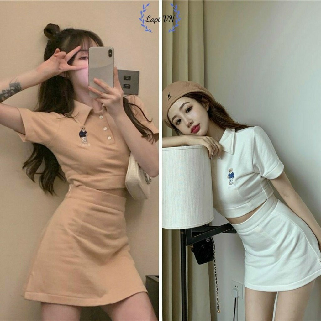 Sét bộ áo croptop thêu lính phối chân váy kèm lót cực xinh , chất thun  bozip mềm mịn co giãn