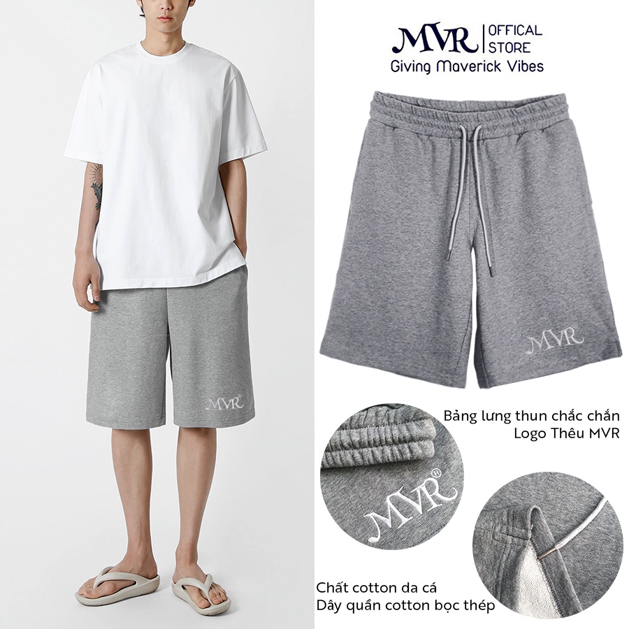 >110Kg Quần Đùi Nam Nữ Short Unisex Sooc Sọt form dài chạm gối chất vải cotton da cá dầy thêu logo MVR Màu Đen Xám