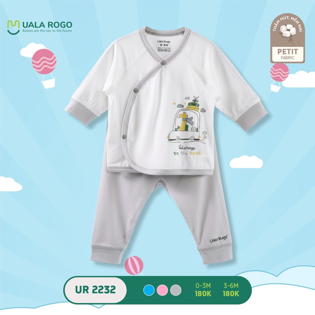 Bộ Uala Rogo petit mềm mịn cao cấp thấm hút tốt dài tay sơ sinh cài chéo trơn viền in thỏ xinh bé trai bé gái 2232