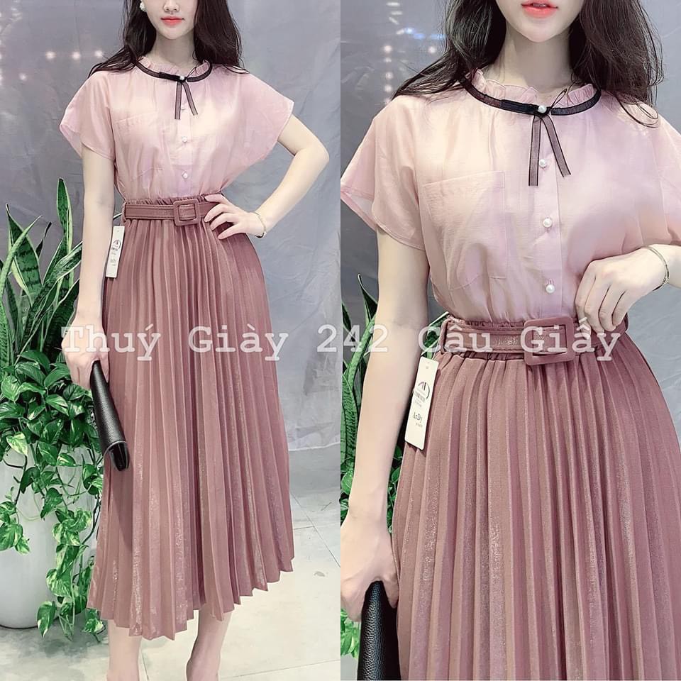 Chân váy xếp ly đai, Chân váy dáng dài xếp ly kèm đai đục lỗ không có ánh nhũ CV1915 - NhiNhi Shop