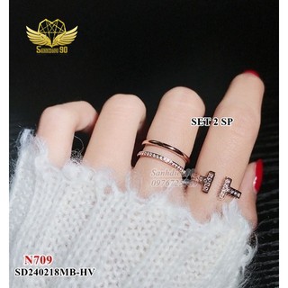 Set 2 nhẫn titan nữ mặt chữ H đá mix 2 tròn đá