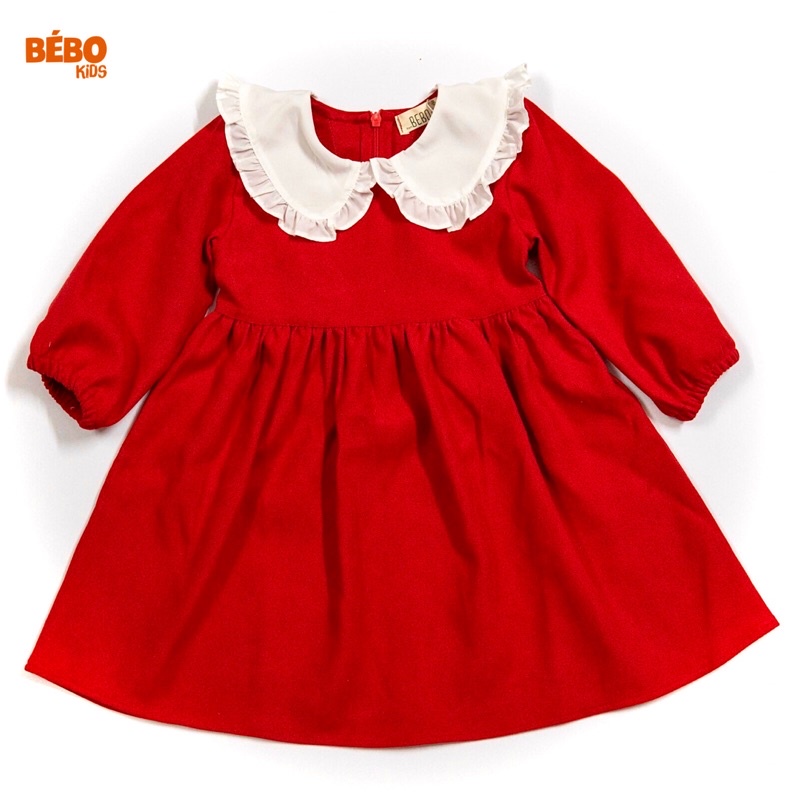 Váy đầm công chúa thiết kế cổ bèo nơ lưng mùa xuân siêu xinh xắn cho bé gái (10-28kg) nhung len đỏ A01