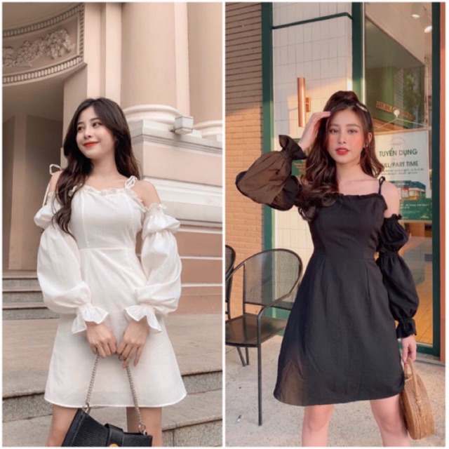 Đầm hai dây rớt vai tay bo trắng đen có mút ngực - Chang Dress(Có Ảnh Thật)