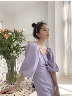 ĐẦM TÍM CỔ VUÔNG TAY PHỒNG (KÈM HÌNH THẬT)