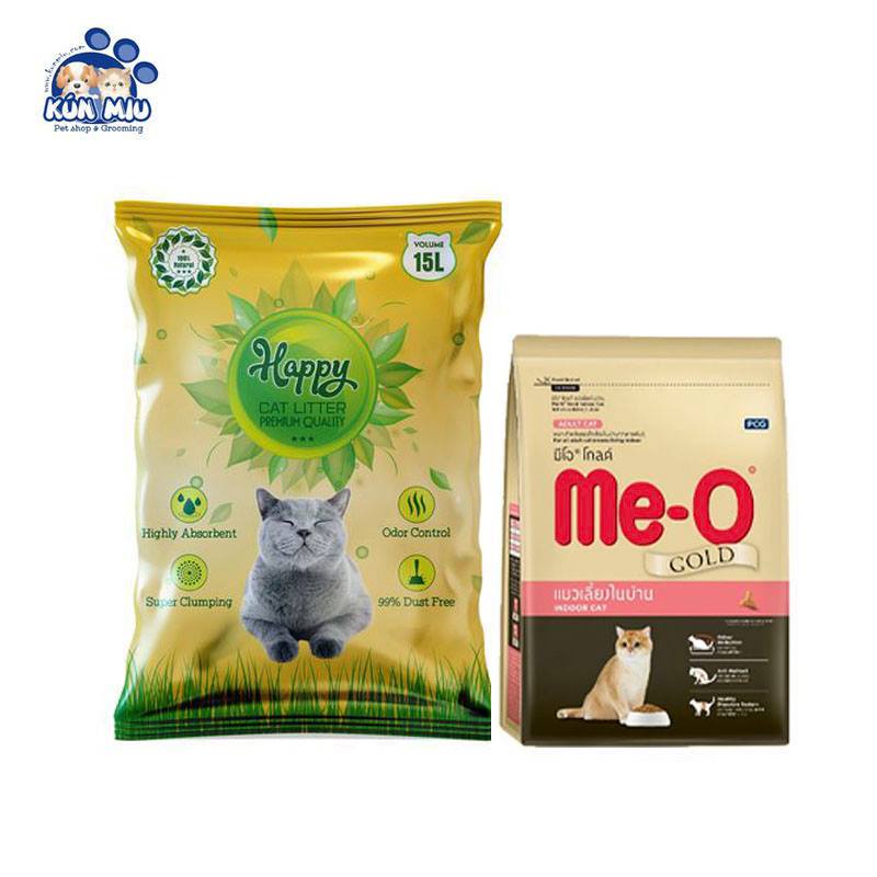 Combo cát Happy 15l (7,6kg) và Thức ăn cho mèo nuôi trong nhà Me-o Gold Indoor Cat 1.2kg