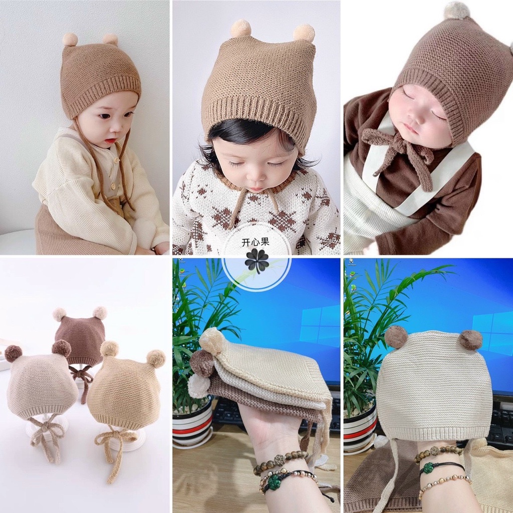 Mũ Len Tai Bông Có Dây Buộc Kiểu Dáng Hàn Quốc Xinh Yêu Cho Bé 3-24 tháng - SABOMART