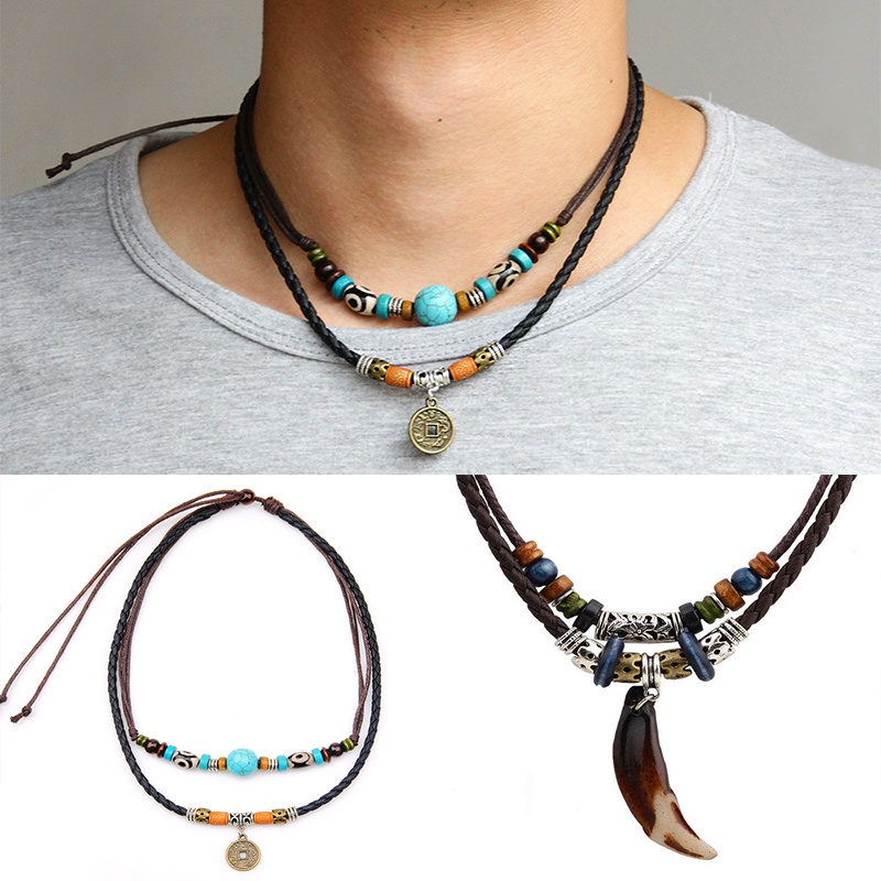 Vòng Cổ Dây Da Hai Lớp Mặt Răng Sói Nhân Tạo Phong Cách Bohemian Kèm Hạt Ngọc Lam/Đồng Xu/Trang Sức Làm Quà Tặng Cho Nam