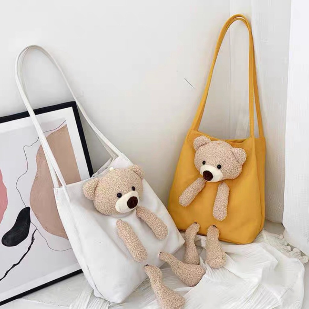 Túi Tote Vải Canvas ❤️XẢ KHO❤️Túi Nữ Đẹp Đi Học, Đi Chơi, Đeo Vai Kèm Gấu Bông Siêu Xinh Phong Cách Hàn Quốc SPB 191