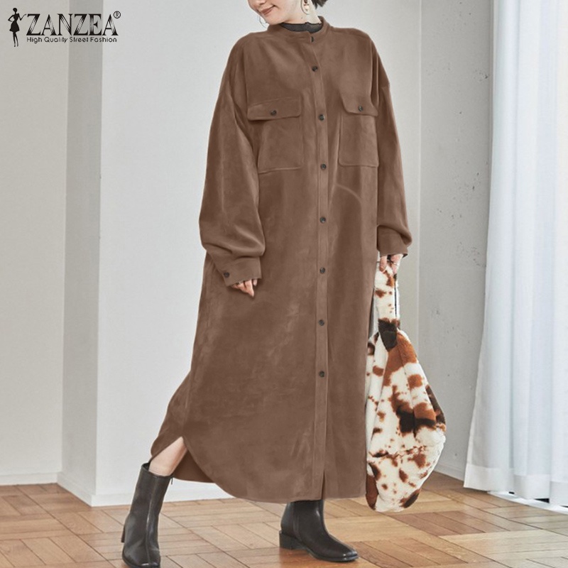 Đầm maxi ZANZEA tay dài cổ bẻ dáng rộng màu trơn cài nút thời trang Hàn Quốc cho nữ