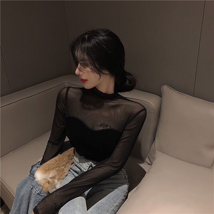 Áo Lưới Tay Dài Màu Đen Phong Cách Phương Tây Thời Trang Mùa Xuân Cho Nữ