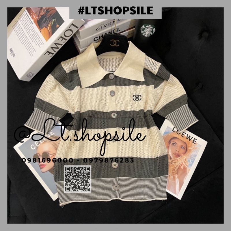 Áo len lưới cổ bẻ phối kẻ ngang 3 màu, Hàng Quảng Châu loại 1