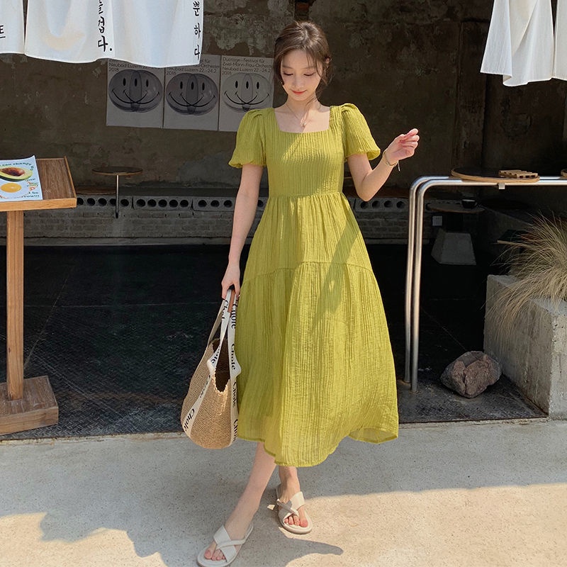 Đầm Cổ Vuông Xếp Ly Dáng Dài Màu Xanh Lá Phong Cách Retro Pháp Thời Trang Mùa Hè Hàng Mới 2022