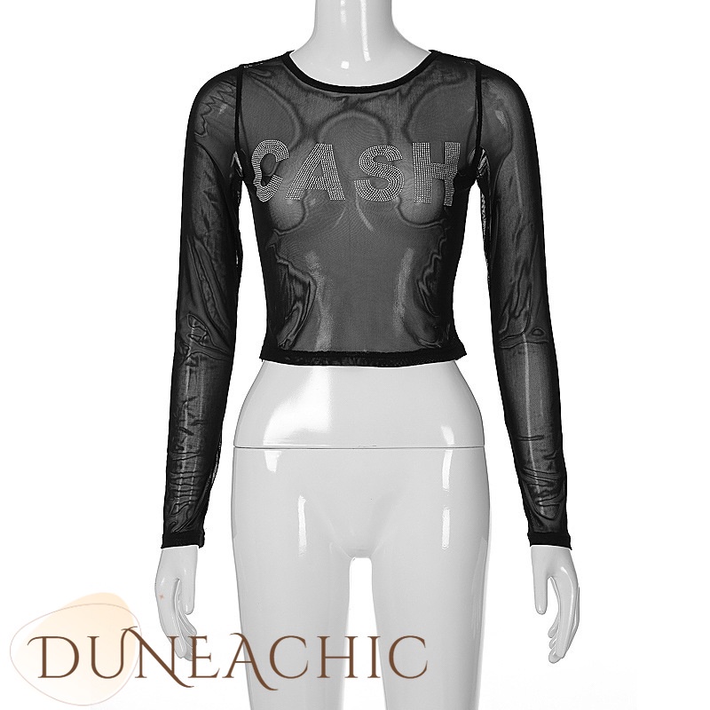 DUNEA Áo Thun Lưới Tay Dài Cổ Tròn Khoét Ngực Gợi Cảm Cho Nữ