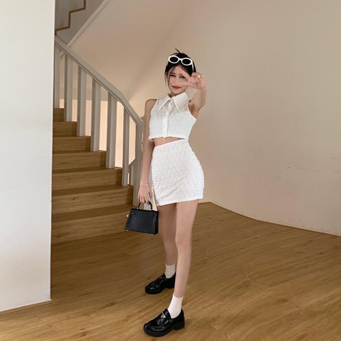 Set Áo Thun Cổ Bẻ Không Tay Và Chân Váy Màu Trơn Phong Cách Đường Phố Thời Trang Mùa Hè Mới