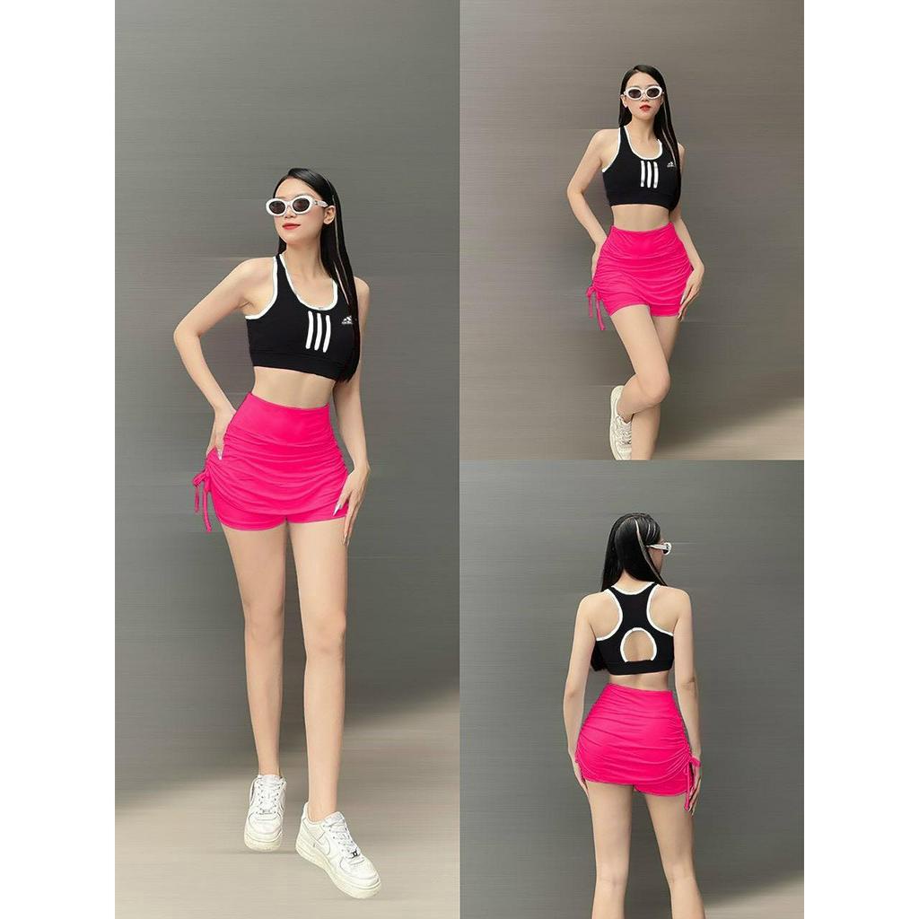 Đồ tập gym nữ Hot trend Áo Bra Das mix Chân váy rút dây 2 bên co giãn thoáng mát tập gym, yoga, zumba, fitness(sẵn mút