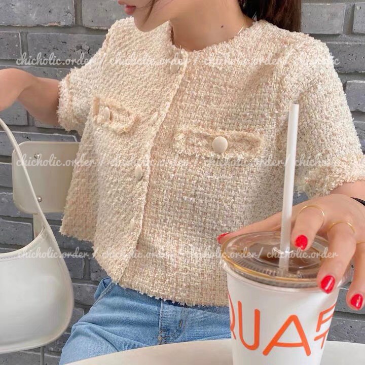 Áo Dạ Tweed Tay Ngắn Màu Xinh Thời Trang Nữ Phong Cách Korea 2021 có ảnh thật
