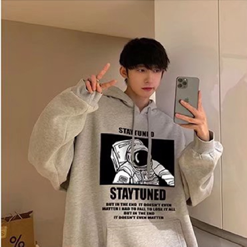 Áo hoodie tay dài dáng rộng in hình phi hành gia thời trang phong cách Hàn Quốc cho nam size M-3XL
