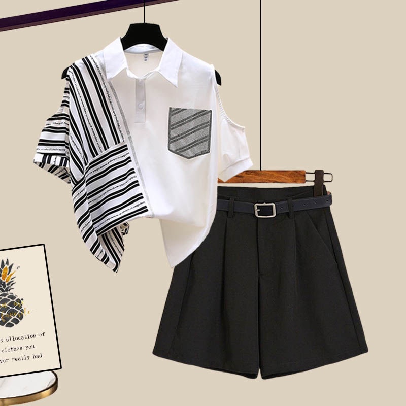 Set đồ 2 mảnh gồm áo sơ mi và quần short phong cách Hồng Kông thời trang mùa hè cho nữ