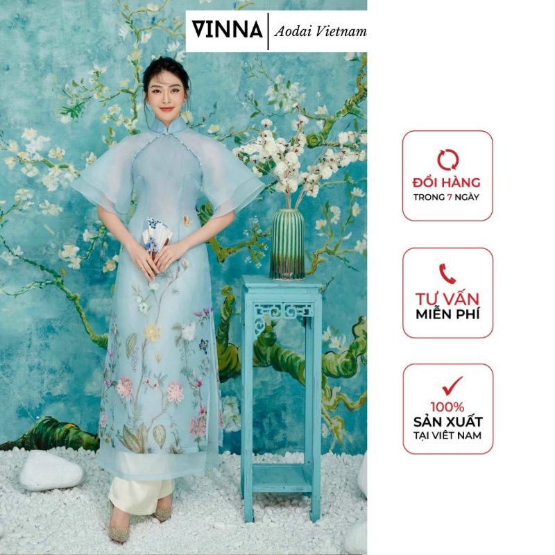 Áo dài cách tân 4 tà tay kép Thanh Nguyệt organza cúc bọc, đính kết sang chảnh thiết kế thương hiệu thời trang Vinna