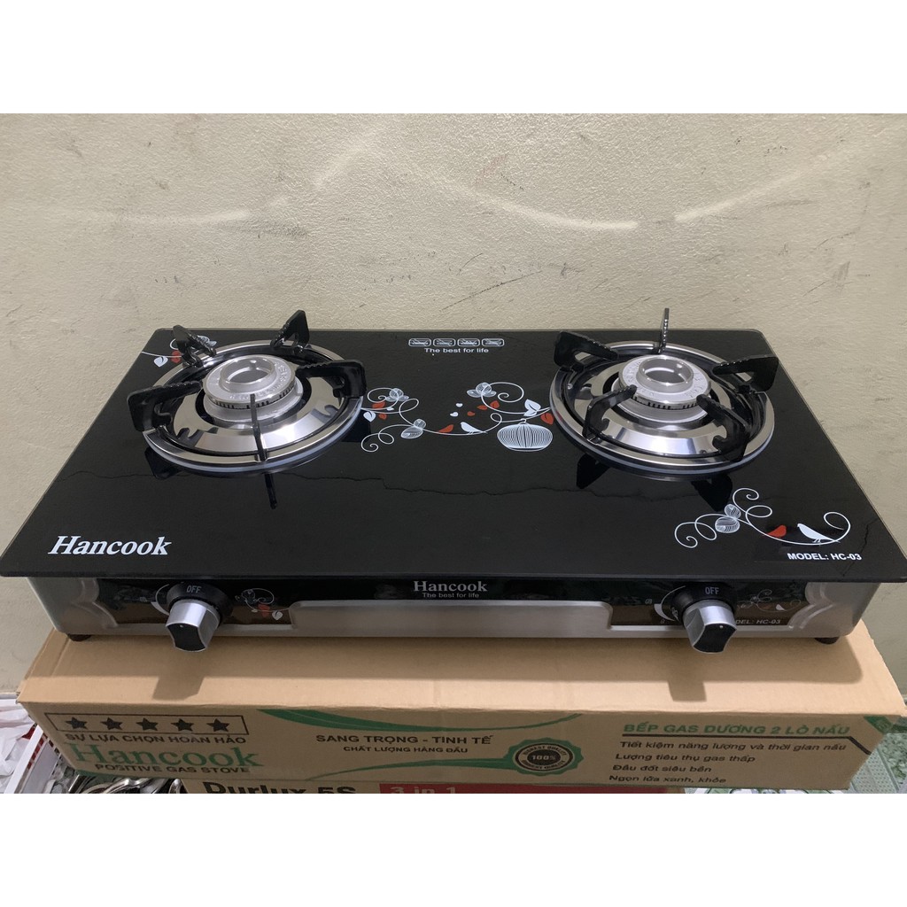 Bếp gas Hancook HC03, Mâm chia lửa inox siêu bền , họng hợp kim atimon, bếp gas đôi mặt kính.