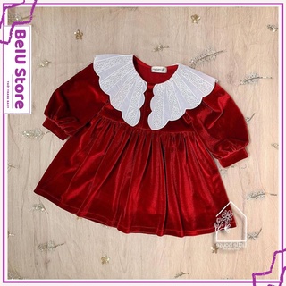 Váy Đầm Bé Gái Beiu Đầm Công Chúa Nhung Đỏ Cổ Trắng Cánh Tiên Dầy Dặn, Cực Ấm - B01