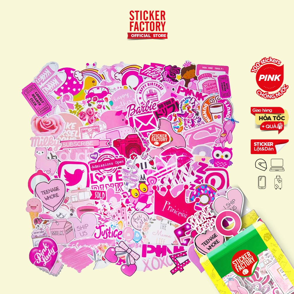 Pink - màu hồng - hộp set 100 sticker decal hình dán, trang trí nón bảo hiểm , laptop, xe máy, ô tô - STICKER FACTORY